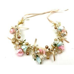 Pink Blue‎ Floral Beaded Ribbon Wire Metal Headband Tiara Bohemian Hair Wrap NEW